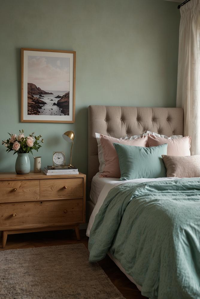 Schlafzimmer mit pastellfarbener Akzentwand und natürlicher Einrichtung