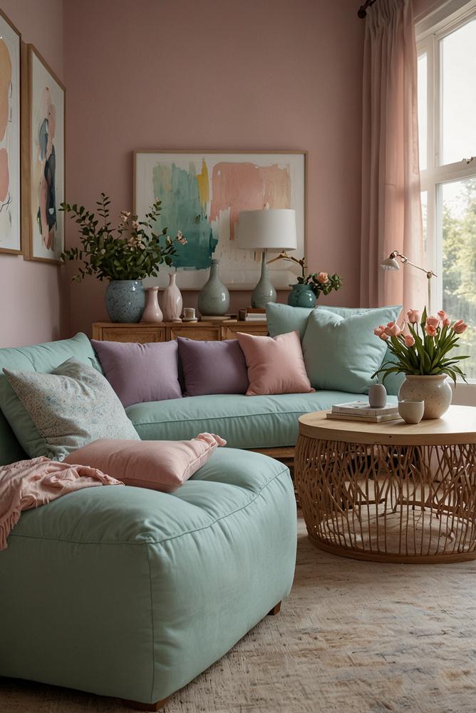 Helles, pastellfarbenes Wohnzimmer mit natürlichem Licht