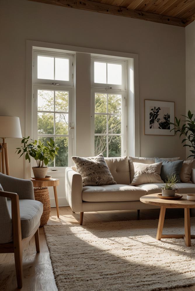 Heller Wohnraum mit Pastellakzenten und natürlichem Material