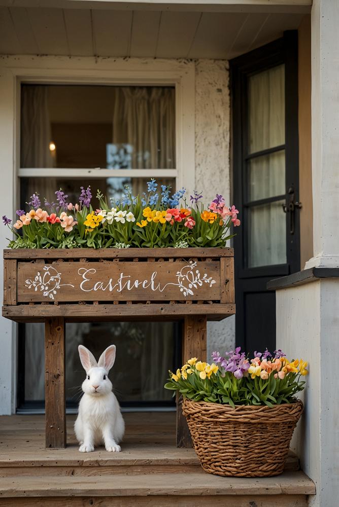 Hell und freundlich dekorierter Balkon mit personalisiertem Osterschild