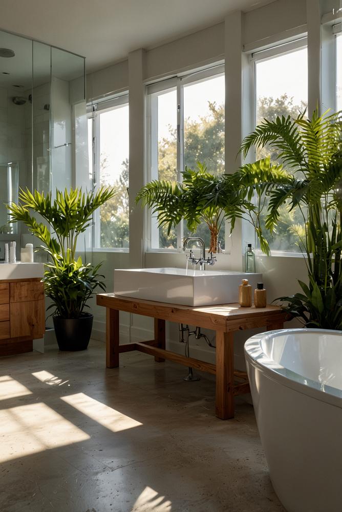 Grüne Pflanzen im hellen, luftigen Badezimmer