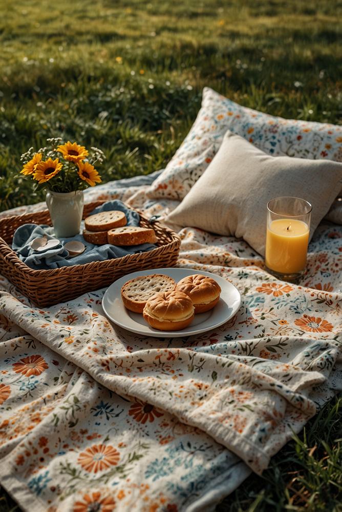 Gemütliches Picknick mit Kissen und Decken im Grünen