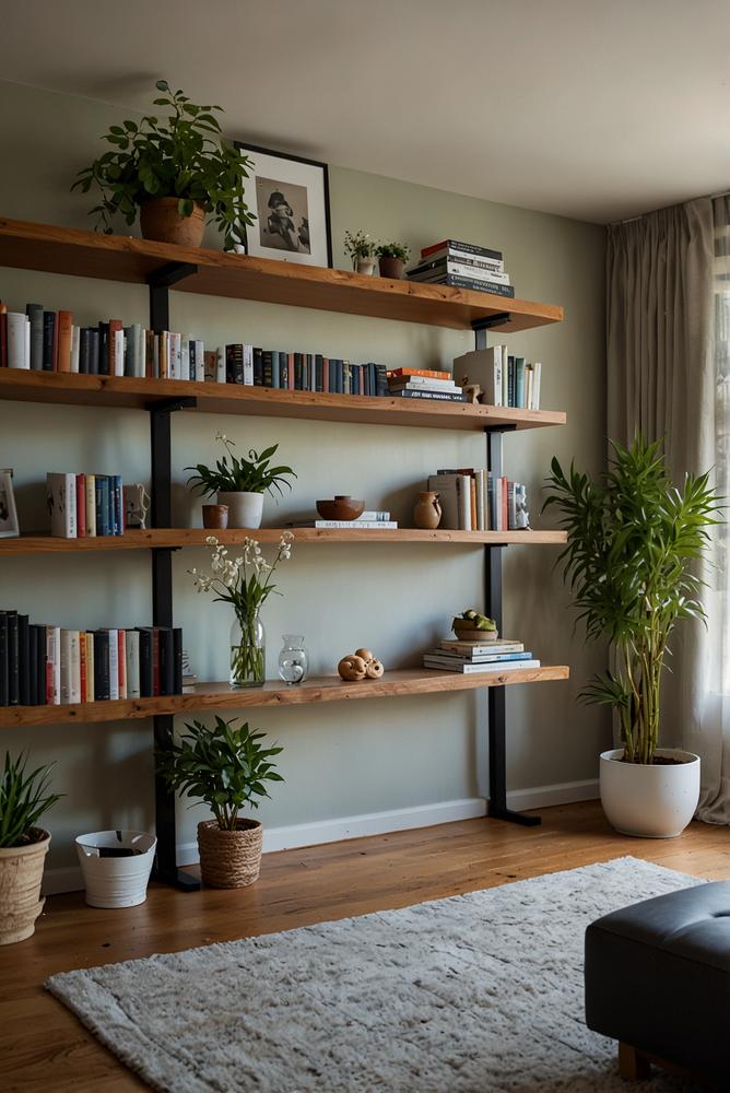 Helles Regal als Raumteiler mit Pflanzen und Deko im Wohnzimmer