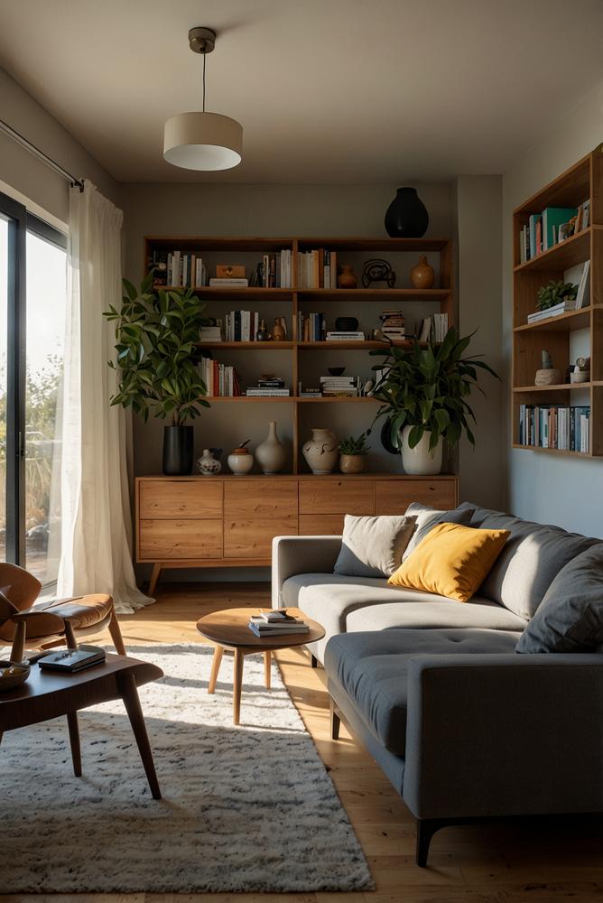 Helles Wohnzimmer mit neu dekorierten Regalen und Pflanzen