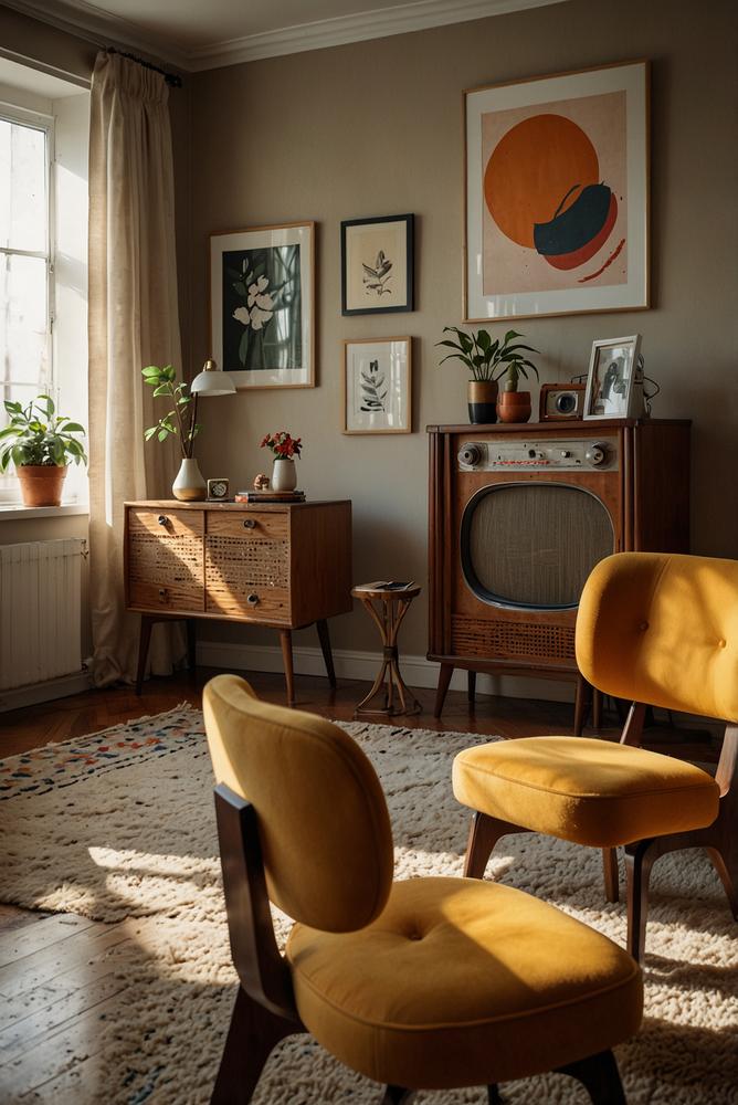 Hell beleuchteter Retro-Vintage Wohnraum mit nostalgischem Flair