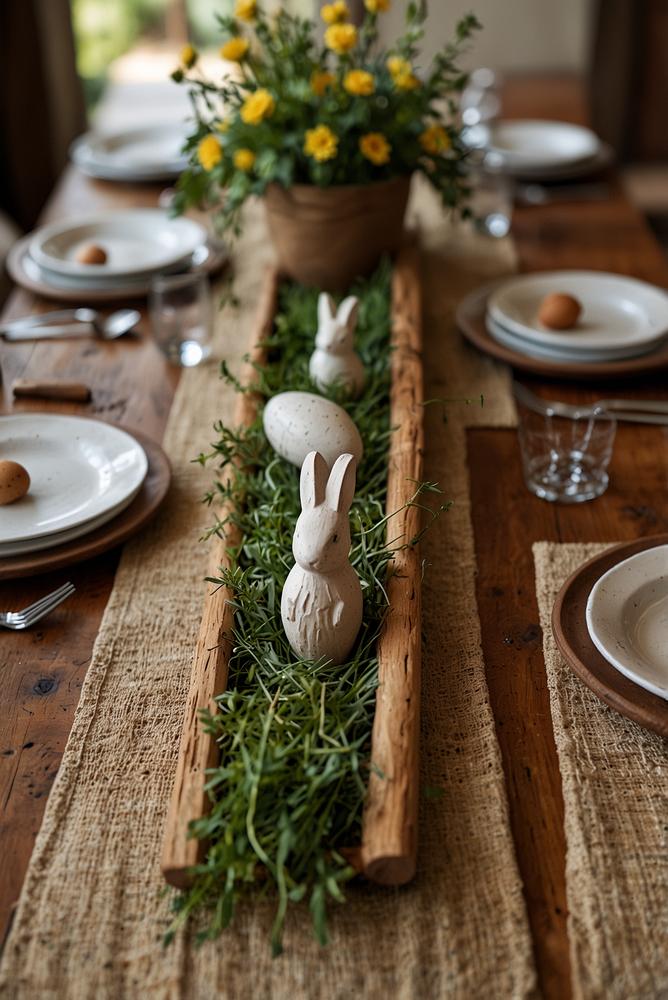 Rustikale Holz-Tischdeko für Oster-Brunch, hell und einladend