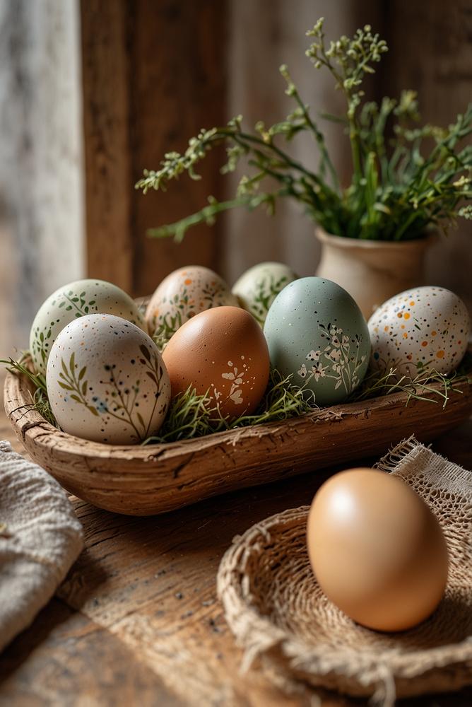 Rustikale Osterdeko mit bemalten Holzeiern in hellem Raum