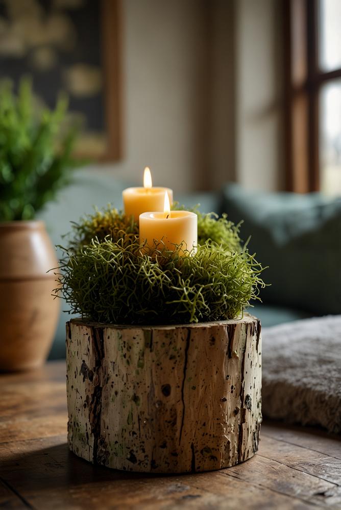 Rustikale Osterdeko aus Holzscheiben und Moos, hell und freundlich