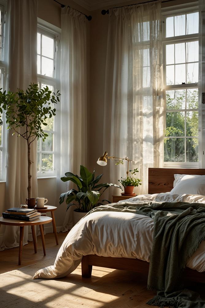 Sanfte Lichterkette im hellen Schlafzimmer im Frühling