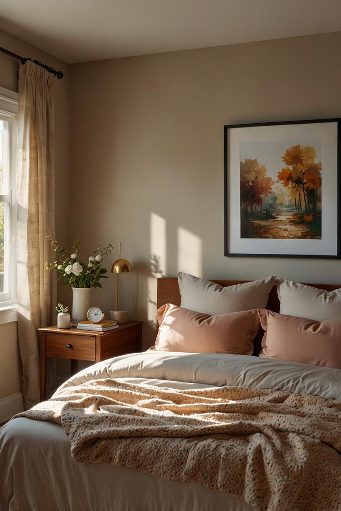 helles Schlafzimmer mit warmen Farbtönen und gemütlicher Atmosphäre