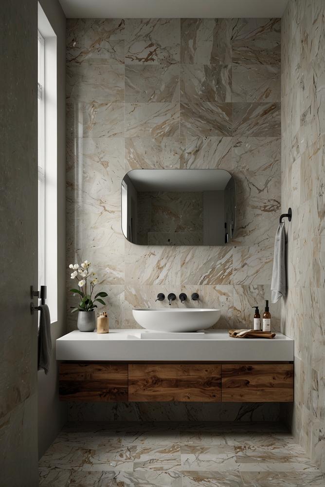 Helles, modernes Badezimmer mit selbstklebender Fliesenfolie