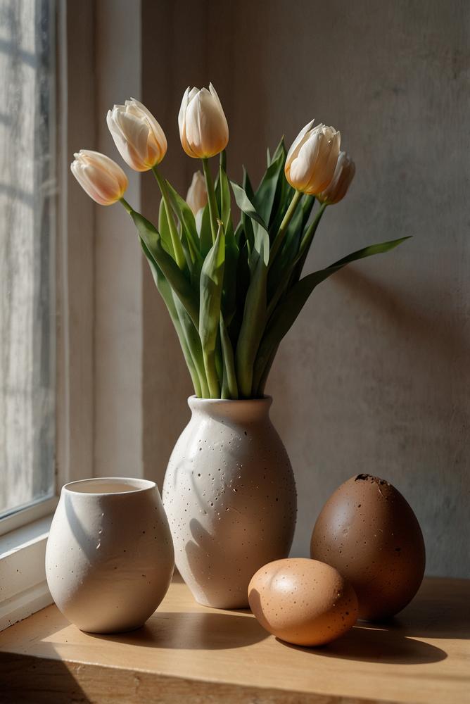 Skandinavische Fensterbank mit Tulpen und goldenen Eiern