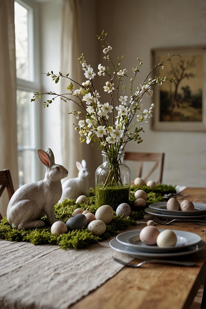 Skandinavische Osterdeko in neutralen Farben am Esstisch