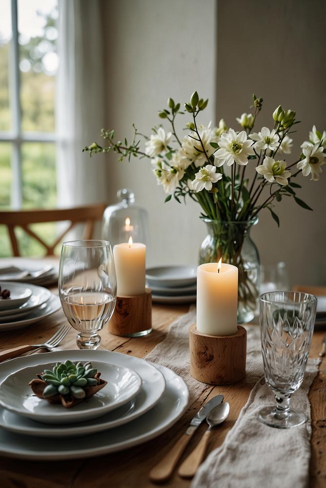 Skandinavische Weiß-Tischdeko mit klaren Linien und hellem Ambiente