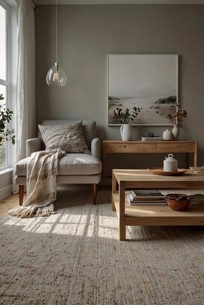 Helles Wohnzimmer mit skandinavischen Kissen und Decken im Minimalstil