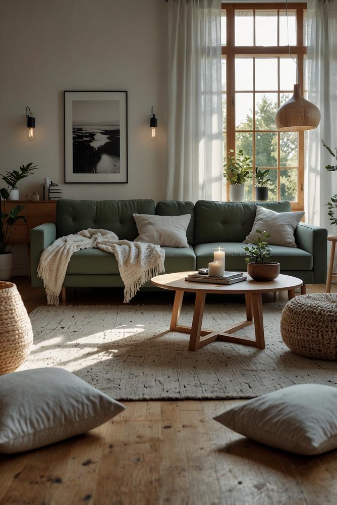 Helles skandinavisches Wohnzimmer mit natürlichem Licht