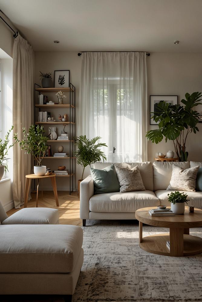 Helles Wohnzimmer mit Sofa als Raumteiler und sonnigem Ambiente