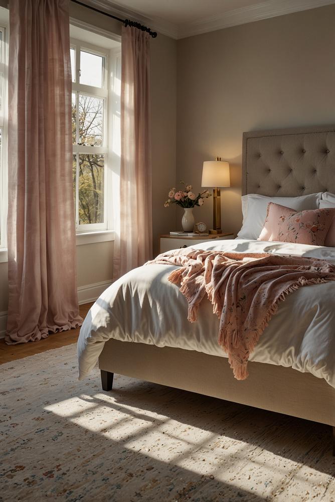 Helles Schlafzimmer mit großem Wandspiegel und Frühlingslicht