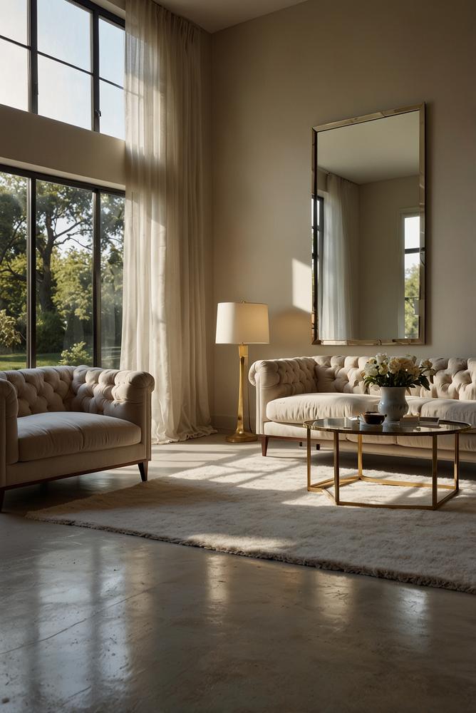 Wohnzimmer mit großem Spiegel und viel Sonnenlicht