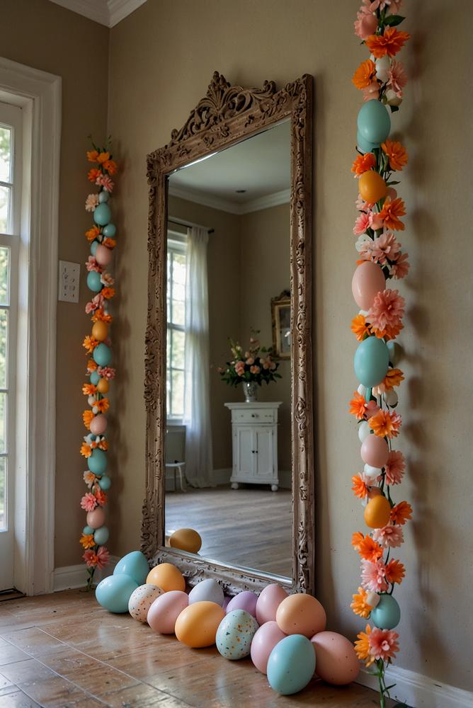Spiegelgirlande aus Papier-Eiern im hellen Flur