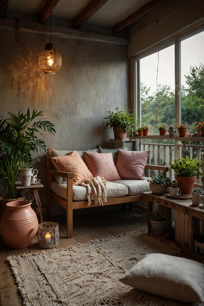 Vintage-Deko auf Balkon mit shabby-chic Möbeln und Retro-Laternen