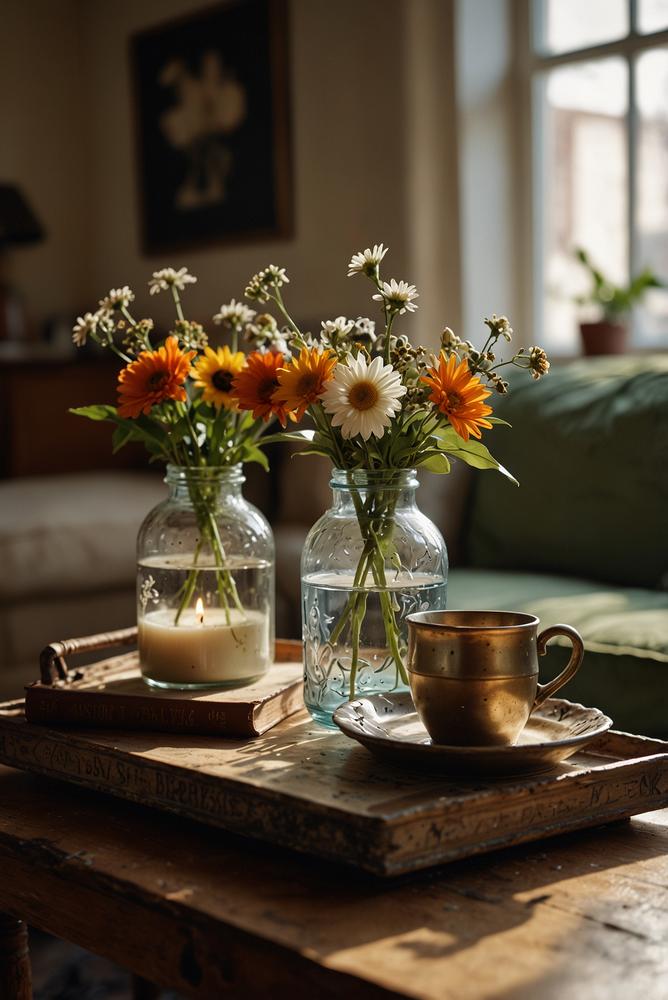 Heller Couchtisch mit stilvoller Vintage-Deko und Pflanzen