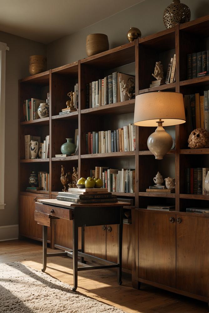 Helles wohnzimmer mit vintage deko auf offenen regalen