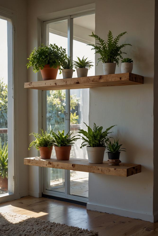 Helles Wohnzimmer mit Pflanzen auf Stufenregal