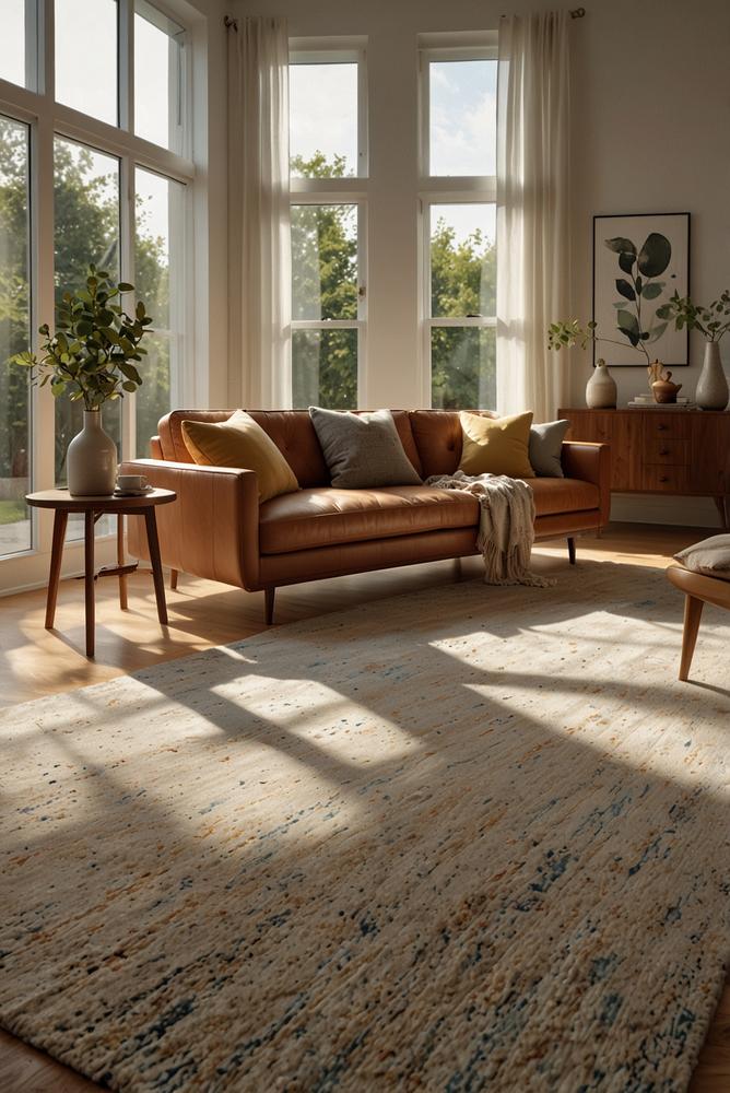 Hell und freundlich eingerichteter Wohnraum mit frischen Teppichen