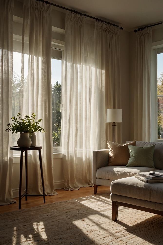 Heller Wohnraum mit warmen Thermo-Vorhängen im Frühling