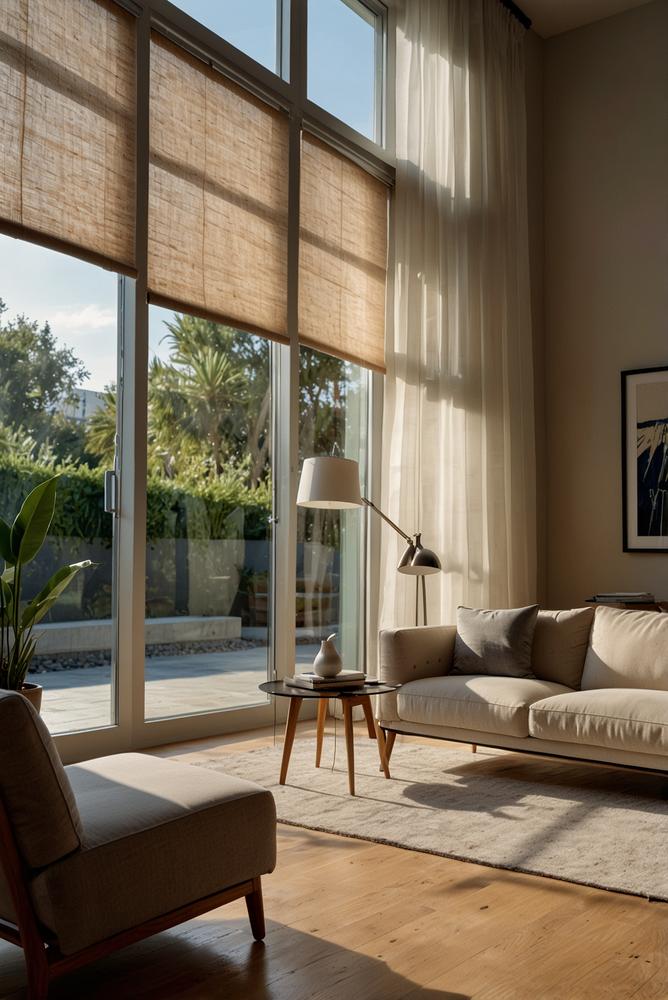 Wohnzimmer mit transparenten Rollos und viel Tageslicht