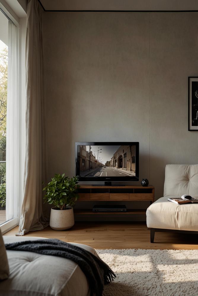 Helles Wohnzimmer mit TV-Möbel an schmaler Wand und Kabelkanal