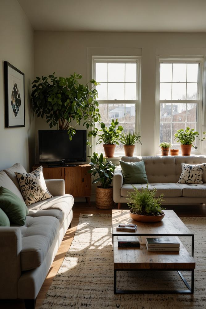 Wohnzimmer mit grünem TV-Pflanzenrahmen hell und einladend