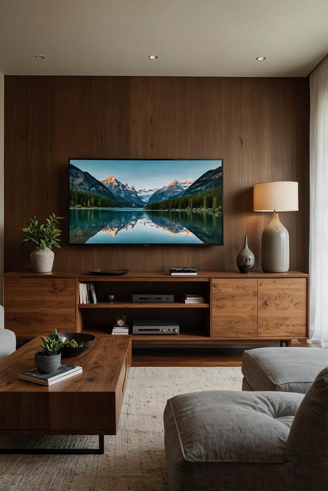 Helle modern gestaltete TV-Wand im Wohnzimmer