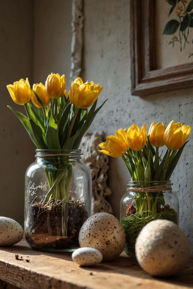 Helle Upcycling-Osterdeko mit Gläsern und Frühlingsblumen