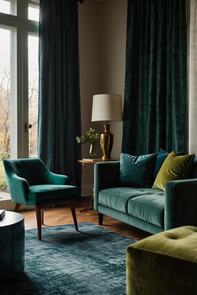 Verdunkelnde Vorhänge in hellen, gemütlichen Wohnzimmer