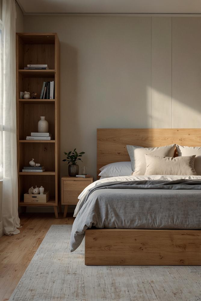 Hell und minimalistisch gestaltetes Schlafzimmer mit verstecktem Stauraum