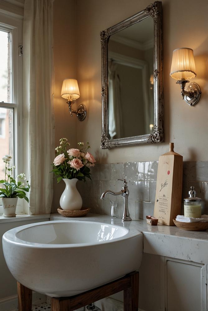 Vintage-Deko neben Waschbecken im hellen Badezimmer