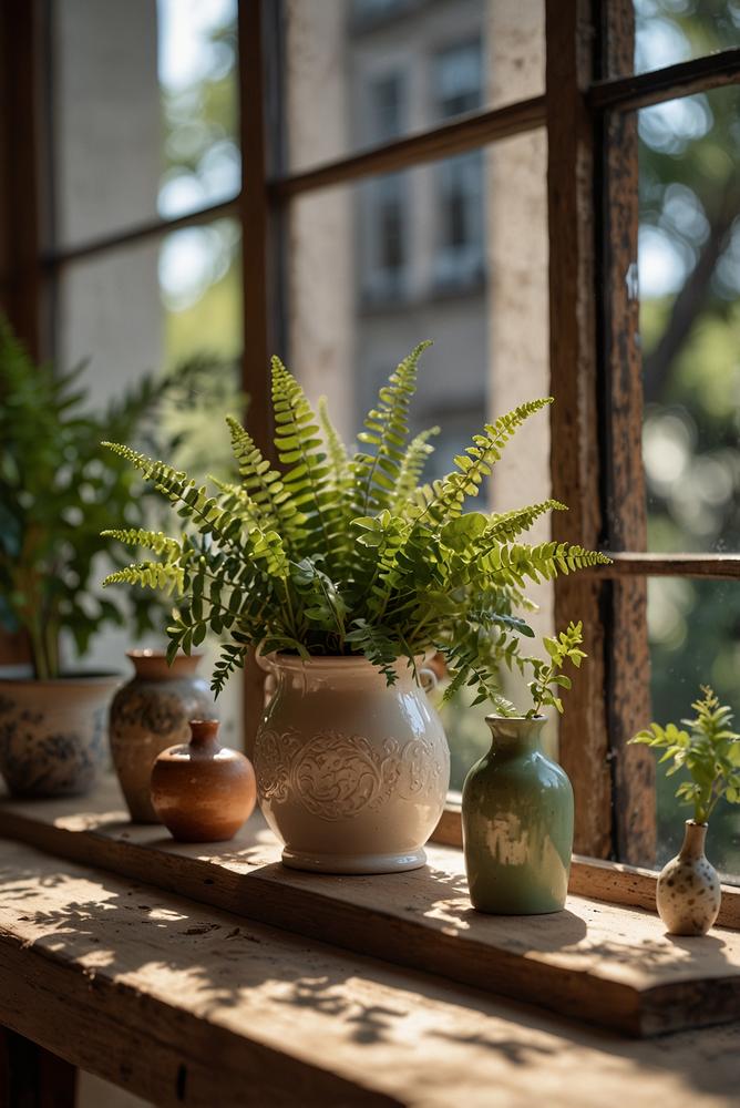 Helle Vintage-Deko mit Pflanzen auf Fensterbank in modernem Raum