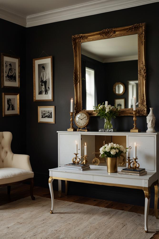 Helle Vintage-Deko auf Kamin und Sideboard in modernem Raum