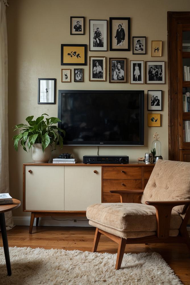 Helle TV-Wand mit stilvoller Vintage-Deko und Pflanzen