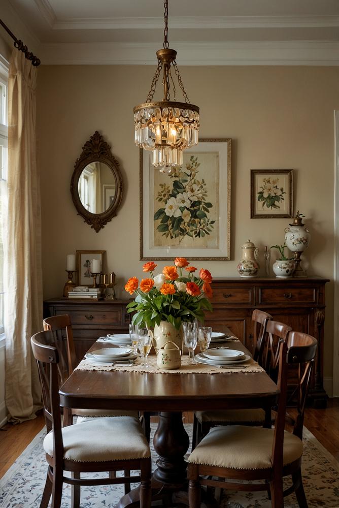 Vintage-Deko über dem Esstisch mit Kronleuchtern und Spiegel