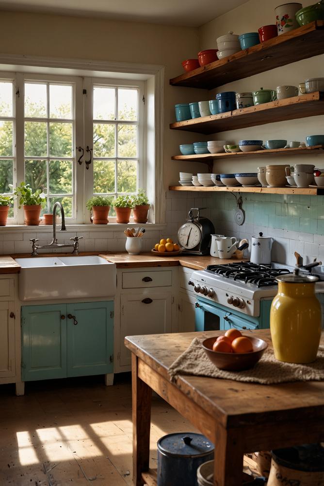 Helle vintage-kueche mit emaillierten toepfen und dekor