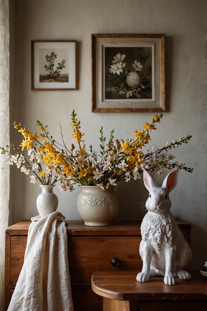 Vintage Osterdeko mit Porzellinhasen auf Sideboard hell und einladend