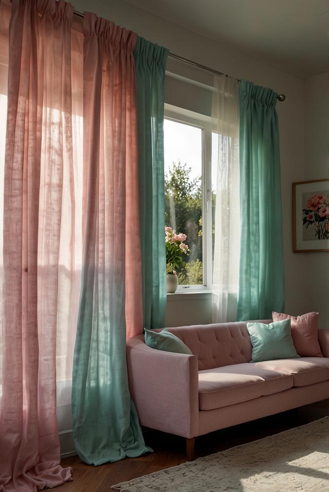 Pastellfarbene Vorhaenge in hellem, sonnendurchflutetem Raum