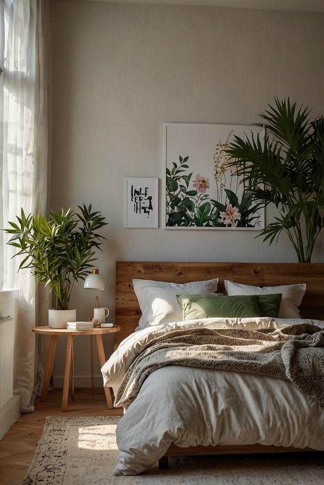 Hell gestaltetes Schlafzimmer mit fruehlingshaftem Wandtattoo