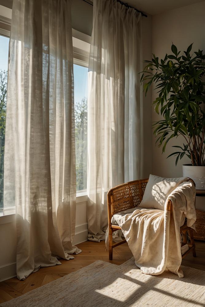 Heller Raum mit waschbaren Vorhängen aus Hybridstoffen im Frühling