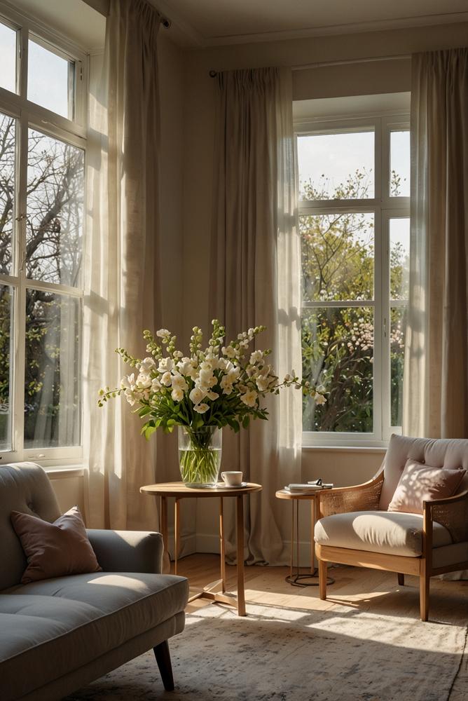 Helles Wohnzimmer mit cremefarbenen und pastellfarbenen Wänden