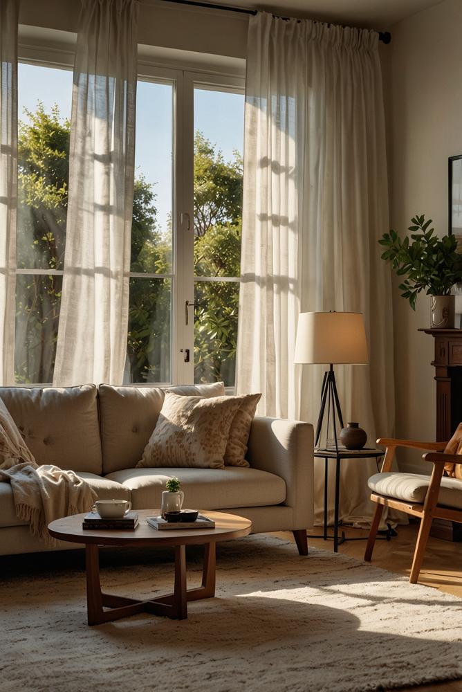 Heller Wohnraum mit luftigen Vorhängen und Sonnenlicht