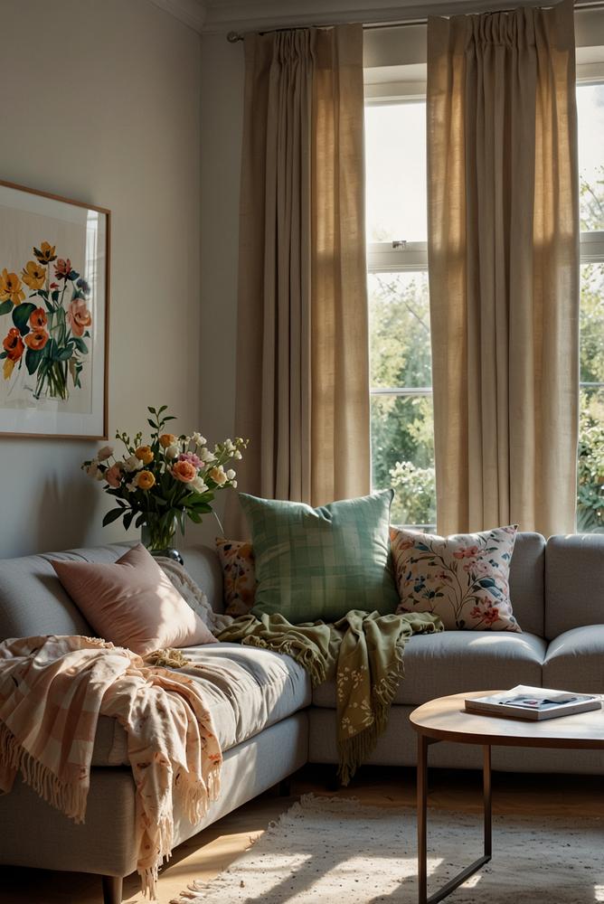 Helle, frühlingshafte Wohntextilien in modernem Wohnzimmer